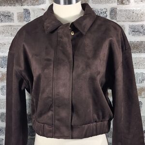 NWT House Of Harlow 1960 Faux Brown Suede Bomber Style Crop Jacket. Sz. M